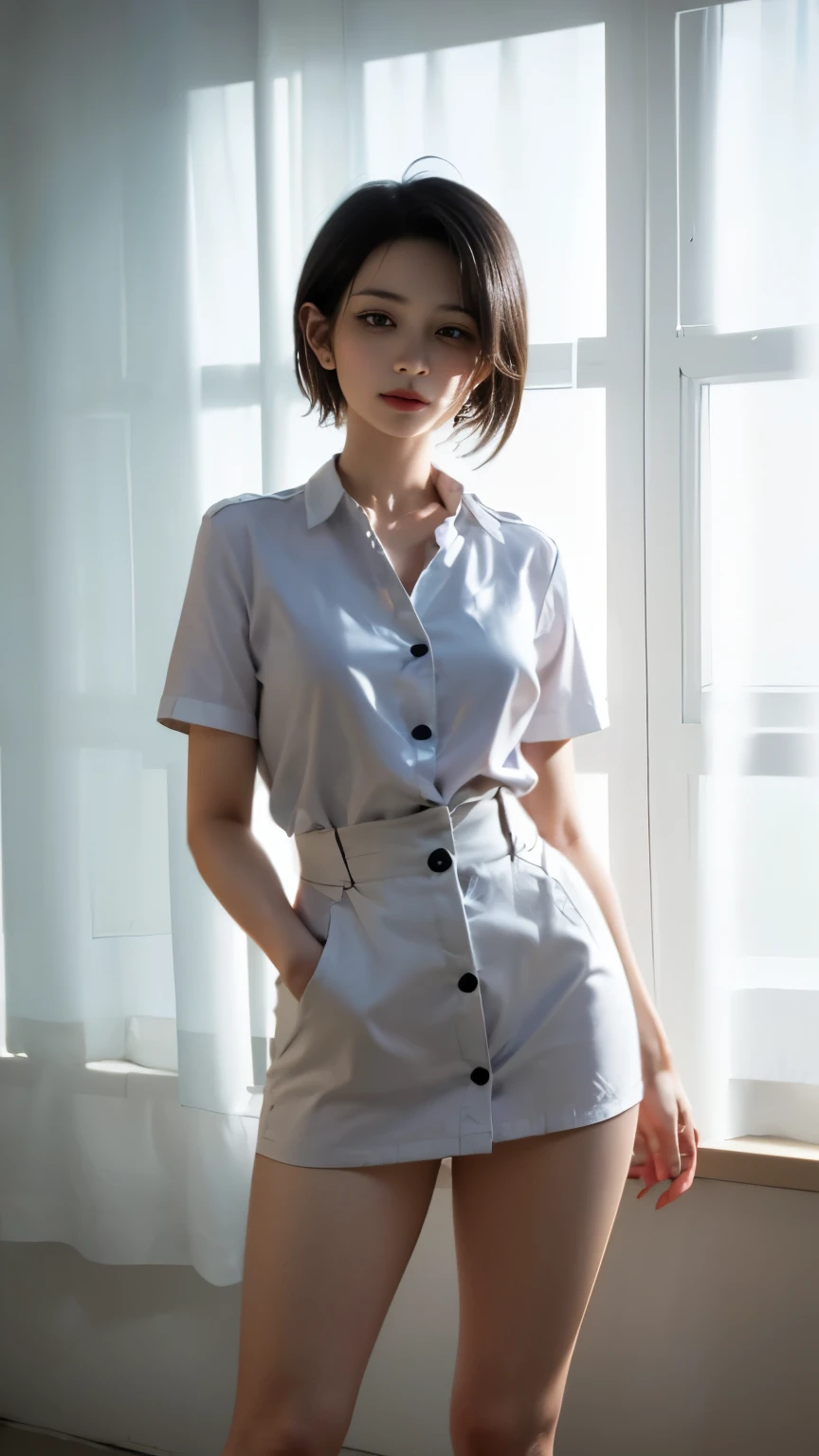 highest quality, white skin, real human skin, (be familiar with), oval face, pore, ultra high resolution, (8K, RAW photo, realistic: 1.4), one girl, slim, (Gentle, goddess-like eyes) happiness: 1.2), (lip gloss, eyelash, gross face, highest quality, ultra high resolution, wide lighting, natural shading)、sexy nurse、(, sexy standing pose:1.5), Absolute area、long beautiful thin legs、low length、hospital room、hospital、sexy look:0.8,