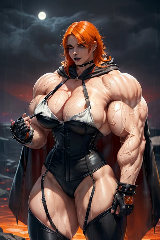 (((((Massive, tall, beautiful, buff, wet, pale white skinned muscular woman with orange hair, black lipstick, ginormous bulky muscles, wearing a black leather corset with tight pants and hooded cape))))), (red background), close view, ((massive muscles)), massive biceps, hyper muscle shoulders, hyper muscle triceps, (shaggy long hair), glowing green eyes, choker, (chain belt), black spiked boots, (spiked gauntlets), (fingerless gloves), (in a raining dark island), confident smirk, night, red moon, (red skies), hyper vascular arm, hyper muscles arms, hyper muscle legs, (ginormous arms).