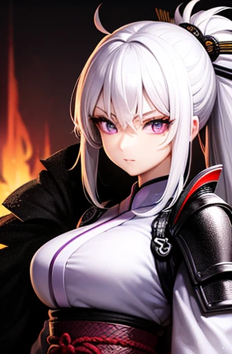 samurai　white hair ponytail　Narrow purple eyes　Armor over kimono　Beautiful woman　serious expression　long eyelashes　Upper body