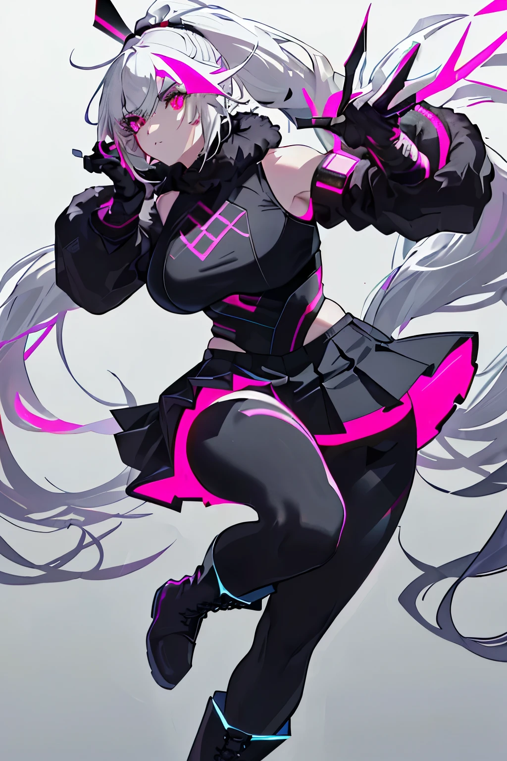 (art, best quality, ultra-detailed, high contrast)
1 woman (Alone, full body, plus size body, standing on the edge of a towering skyscraper, silver hair cascading down in a long, flowing ponytail, broken ruby red eyes radiating intensity,
(leggings fitting tightly, pleated skirt swaying gently in the wind, sports top revealing toned arms, high ponytail bouncing with every breath, high boots adding an edgy touch, long fur jacket covering her shoulders, black cybernetics with neon pink accents adding a futuristic contrast)
detailed face, with every crease and freckle visible, black transparent