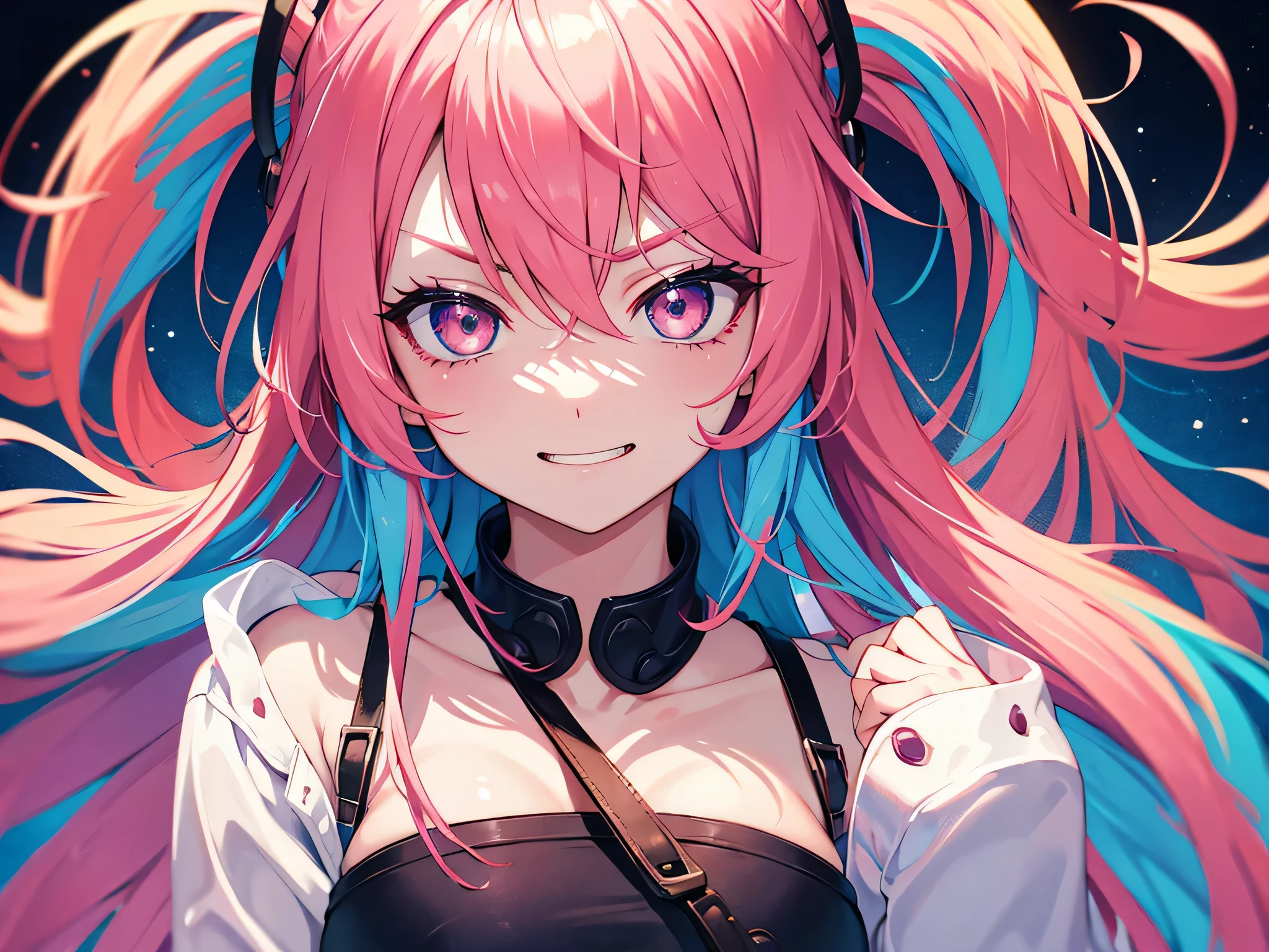 graffiti face, colorful eyes, open your mouth, yandere expression, smile, look at the audience, can'I can't see my hands, pastel colour, thought, ask for help、red pink hair color、clear eyes、No expression、angry face