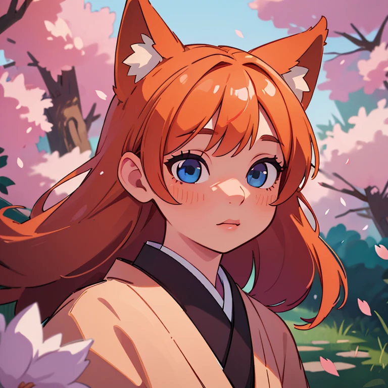 (best quality,4k,8k,highres,masterpiece:1.2),ultra-detailed,(realistic,photorealistic,photo-realistic:1.37),beautiful detailed eyes,beautiful detailed lips,extremely detailed eyes and face,long eyelashes,1girl, Kitsune, fox ears, fox tail, long orange hair, blue eyes,soft lighting,mystical atmosphere,vibrant colors,traditional Japanese art style,flowing kimono,enchanted garden,falling cherry blossoms