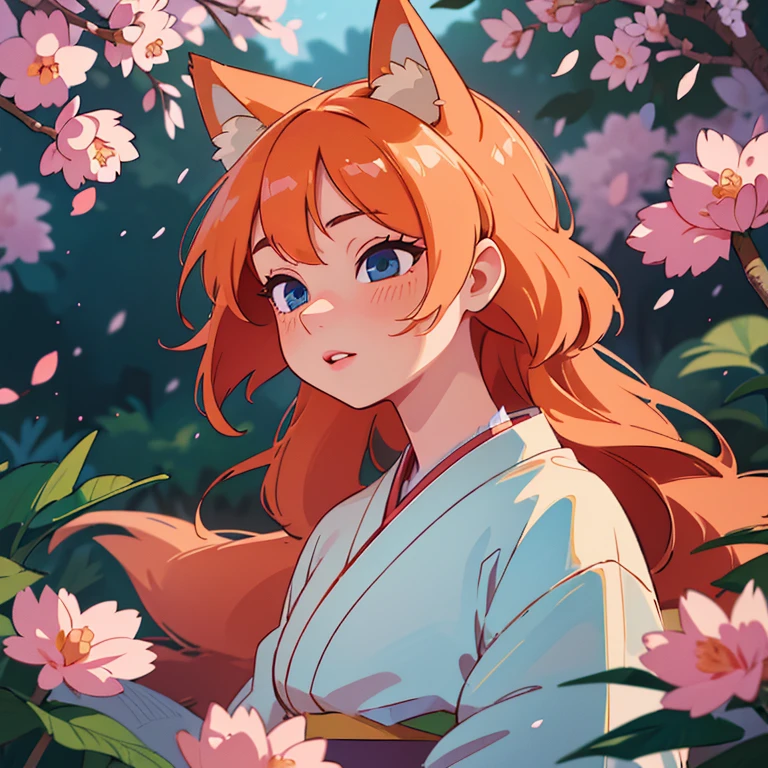 (best quality,4k,8k,highres,masterpiece:1.2),ultra-detailed,(realistic,photorealistic,photo-realistic:1.37),beautiful detailed eyes,beautiful detailed lips,extremely detailed eyes and face,long eyelashes,1girl, Kitsune, fox ears, fox tail, long orange hair, blue eyes,soft lighting,mystical atmosphere,vibrant colors,traditional Japanese art style,flowing kimono,enchanted garden,falling cherry blossoms