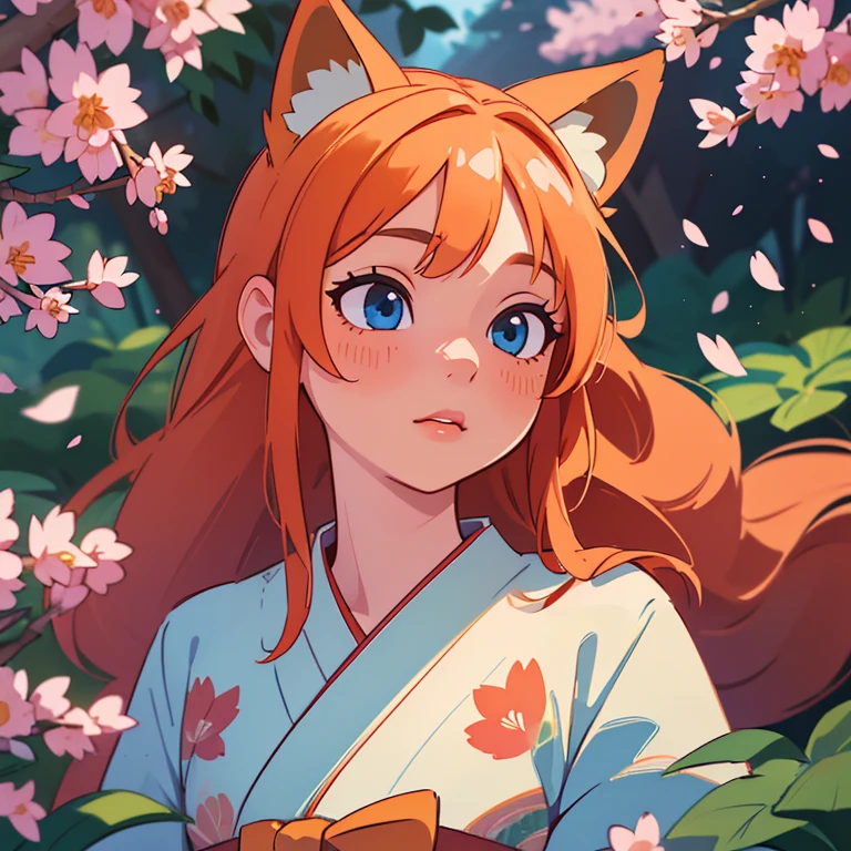 (best quality,4k,8k,highres,masterpiece:1.2),ultra-detailed,(realistic,photorealistic,photo-realistic:1.37),beautiful detailed eyes,beautiful detailed lips,extremely detailed eyes and face,long eyelashes,1girl, Kitsune, fox ears, fox tail, long orange hair, blue eyes,soft lighting,mystical atmosphere,vibrant colors,traditional Japanese art style,flowing kimono,enchanted garden,falling cherry blossoms