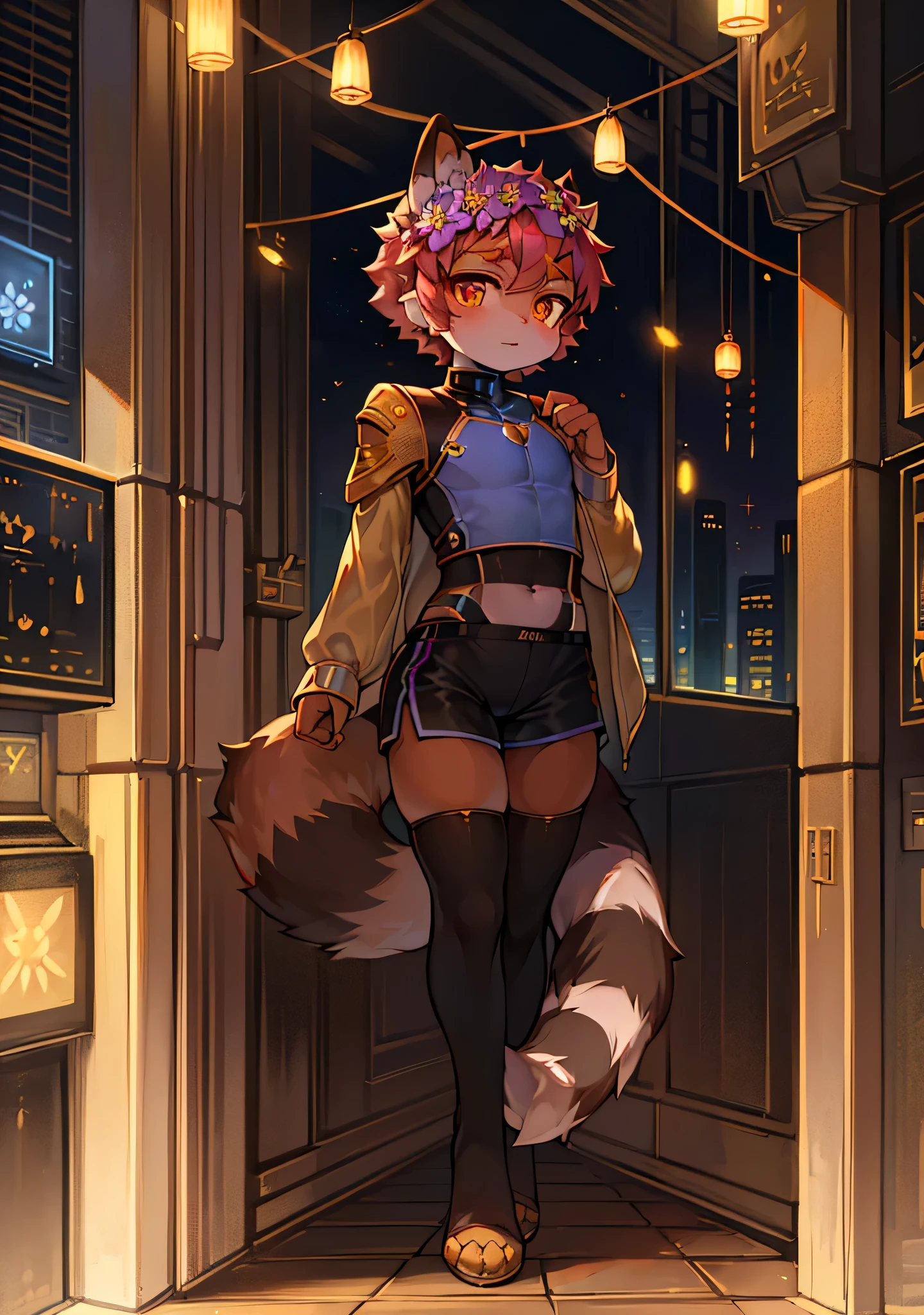 masterpiece, soft shading, perfect anatomy, perfect lighting, perfect focus, vibrant, solo, 1 femboy, human, male, raccoon tail,raccon ears,caucasian skin,copper eyes,sci-fi clothing,flower crown, shorts , sci-fi city, uploaded on e621, psychic , thigh highs