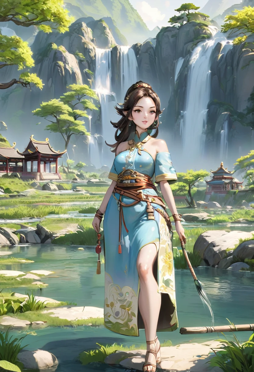 China、spring、jungle、lake、hole in mountain，The tree、grassland、rock、please、hot springs、water flow、（Enlightenment：1.0）、epic work、Realistic lighting、High Definition Details、masterpiece、best quality，（Very detailed CG unified 8k wallpaper）