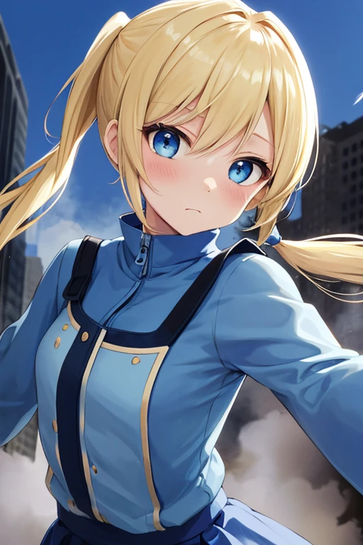 masterpiece, highest quality, Bubble, blue clothes, Blonde pigtails, cute face, extremely detailed eyes, Intense expression, fighting pose, destroyed city, A distant fire, Rising Smoke, 