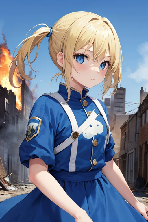 masterpiece, highest quality, Bubble, blue clothes, Blonde pigtails, cute face, extremely detailed eyes, Intense expression, fighting pose, destroyed city, A distant fire, Rising Smoke,