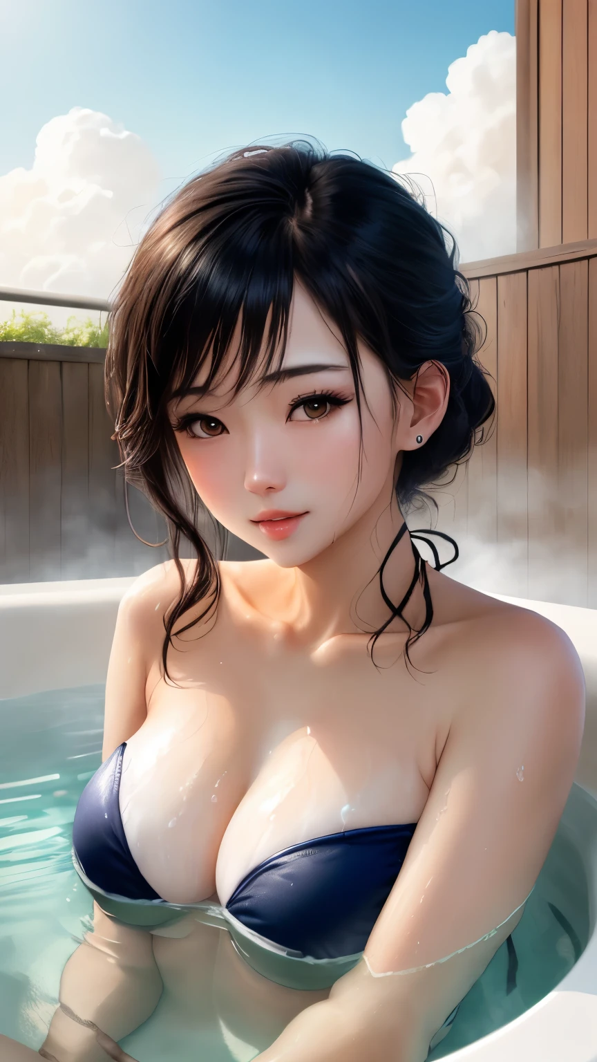 最high quality、high quality、best image quality、8K、最High resolution、High resolution、最high quality、masterpiece、far and near method、Detailed and realistic human body、Realistic skin in every detail、Realistic face in every detail、Realistic eyes down to the details、Realistic lips in every detail、Realistic teeth in every detail、Detailed and realistic ears、Detailed and realistic hair、Detailed and realistic arms、Realistic reproduction of every detail、Realistic fingers in every detail、(fine hands、thumb1reference4)、Realistic feet down to the last detail、((beautiful japanese girl))、(japanese model), (japanese woman)、((18 year old beautiful girl))、(black hair)、(random hairstyle)、(sexy look)、((whole body))、((beautiful upturned chest))、(slim style、slender style)、(whole body光沢肌、Fair skin)、((Wearing a colorful bandeau bikini))、The shape of her nipples is clearly visible through her bandeau bikini、The shape of her pussy is clearly visible even through her bandeau bikini、(soft natural light)、((rooftop of skyscraper(Artificial open-air bath))、((wall、fence、An open-air bath without partitions))、((An open-air bath with a view of the surrounding skyscrapers))、((You can see a skyscraper in the background.))、((big bathtub(deep bathtub))、((take an open-air bath))、((A woman warming herself in an open-air bath))、((A woman relaxing while lying in an open-air bath))、((Bathing in an open-air bath))、((腰まで湯に沈めてBathing in an open-air bath))、((湯の下に寝転んでBathing in an open-air bath))、((Sleeping under the water of an open-air bath))、((Bathing in the open-air bath up to your shoulders))、((Very clear water))、((The main body seen from the water surface))、((Steamy open-air bath))、((A lot of steam rises from the open-air bath..))