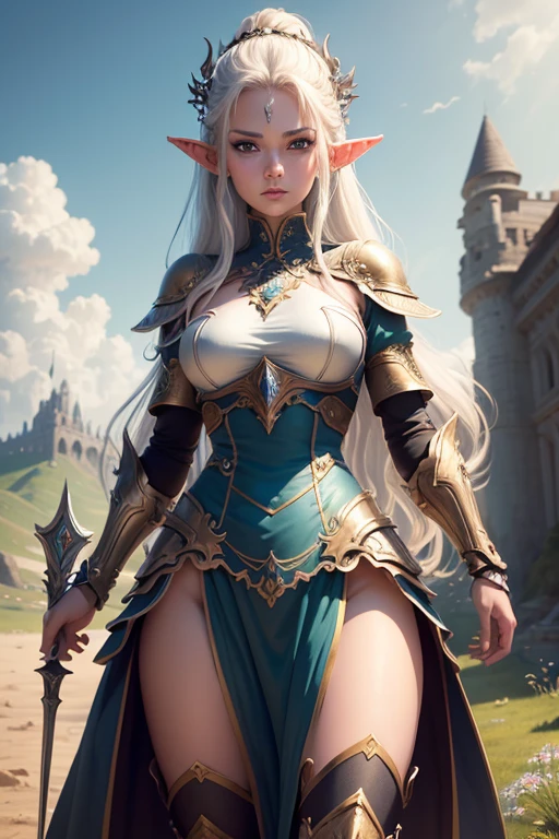 high details, best quality, 8k, [ultra detailed], masterpiece, best quality, (extremely detailed), full body, ultra wide shot, photorealistic, fantasy_world, fantasy art, dnd art, rpg art, realistic art, a wide angle, (((anatomically correct))) a wallpaler of an elf knight, elf warrior, princess knight, shinning knight, ready for battle with her mount (intense details, Masterpiece, best quality: 1.5), female elf (intense details, Masterpiece, best quality: 1.5), ultra detailed face, ultra feminine, fair skin, exquisite beauty, gold hair, long hair, wavy hair, small pointed ears, dynamic eyes color, wearing heavy mech armor, shinning metal, armed with elven sword fantasysword sword, standing near her mount, dynamic mount , green meadows, blue skies background and some clouds background depth of field (intricate details, Masterpiece, best quality: 1.5), full body (intricate details, Masterpiece, best quality: 1.5), high details, best quality, highres, ultra wide angle