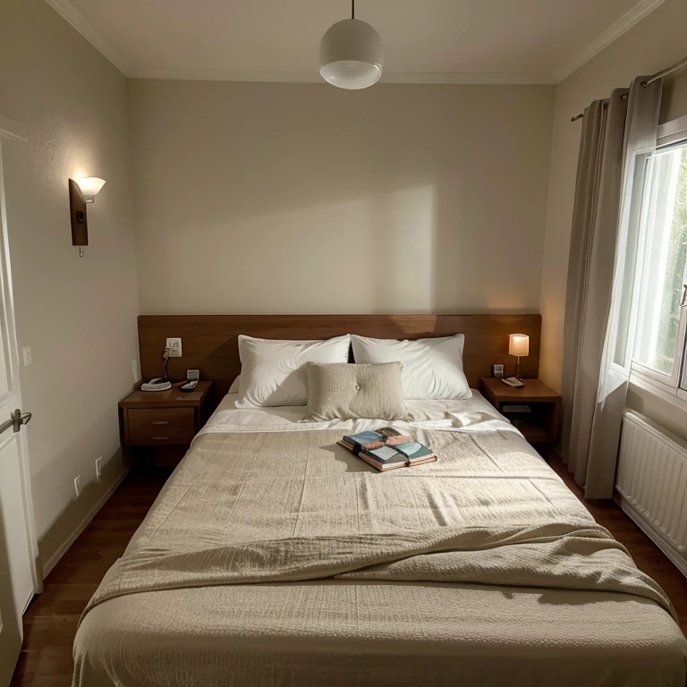 Crie um quarto ideal para uma professora de 50 anos, formada em literatura e audiovisual, que ama literatura de conto de fadas . O quarto precisa ter muita luz natural, reading space, estante de livros, uma escrivaninha e uma cama de casal. O quarto precisa ser aconchegante.