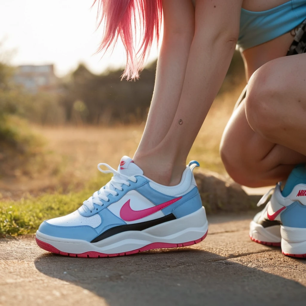 Blue hair with pink roots Best anamorphic lens photography 50mm lens Close-up of a woman with freckles。In the background, the morning sun shines on her hair.、background is blurry。Hip-hop fashion。fashionable。NIKE sneakers。The whole body is visible。