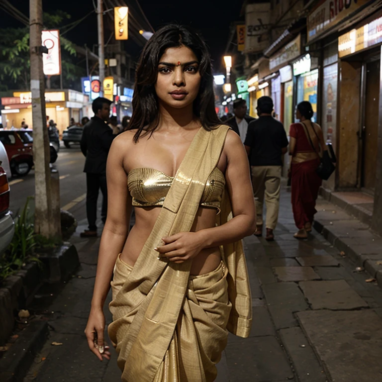 Indian girl portrait fair skin color, nude girl, smiling curly hair, wearing gold jewellery, walking on the road in Goa in night, grey color eyes,