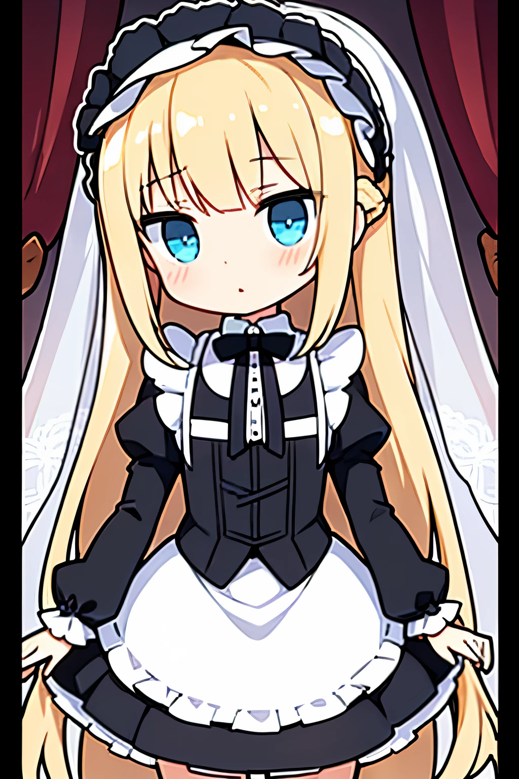 best quality, super fine, 16k, RAW photo, photorealistic, incredibly absurdres, extremely detailed, delicate, flashy and dynamic depiction, very cute black maid, shy, black maid uniform, veil, bonnet, long skirt, lace, embroidery, frills, blonde hair tied up braided, Gothic, Romanesque, Baroque, Renaissance, Rococo, Art Nouveau, shining big round blue eyes, superlative body proportion, background fairytale fantasy, flower bed in the mansion