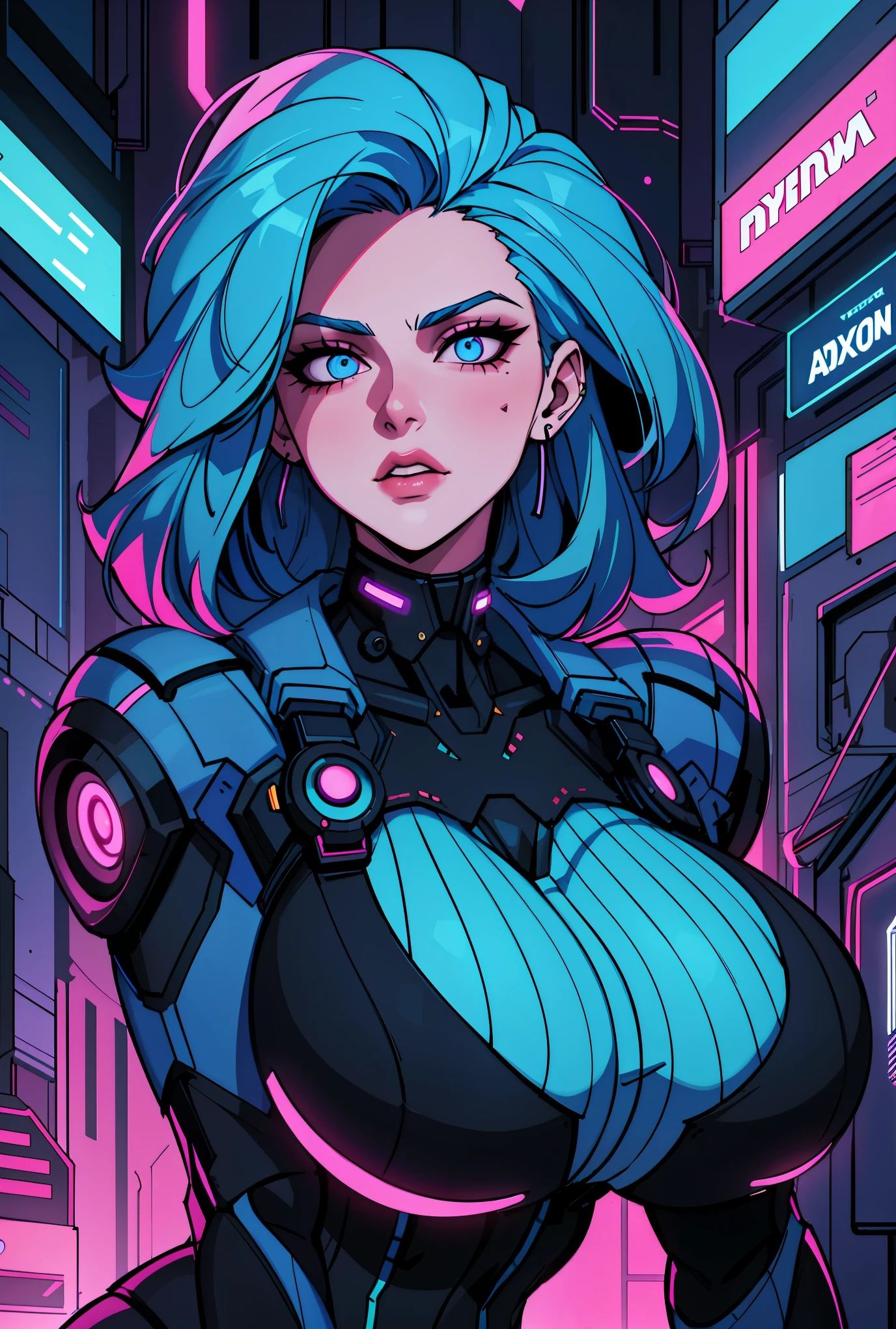 a digital painting of a woman with blue hair, cyberpunk art by Josan Gonzalez, behance contest winner, afrofuturism, synthwave, neon, glowing neon, huge breast