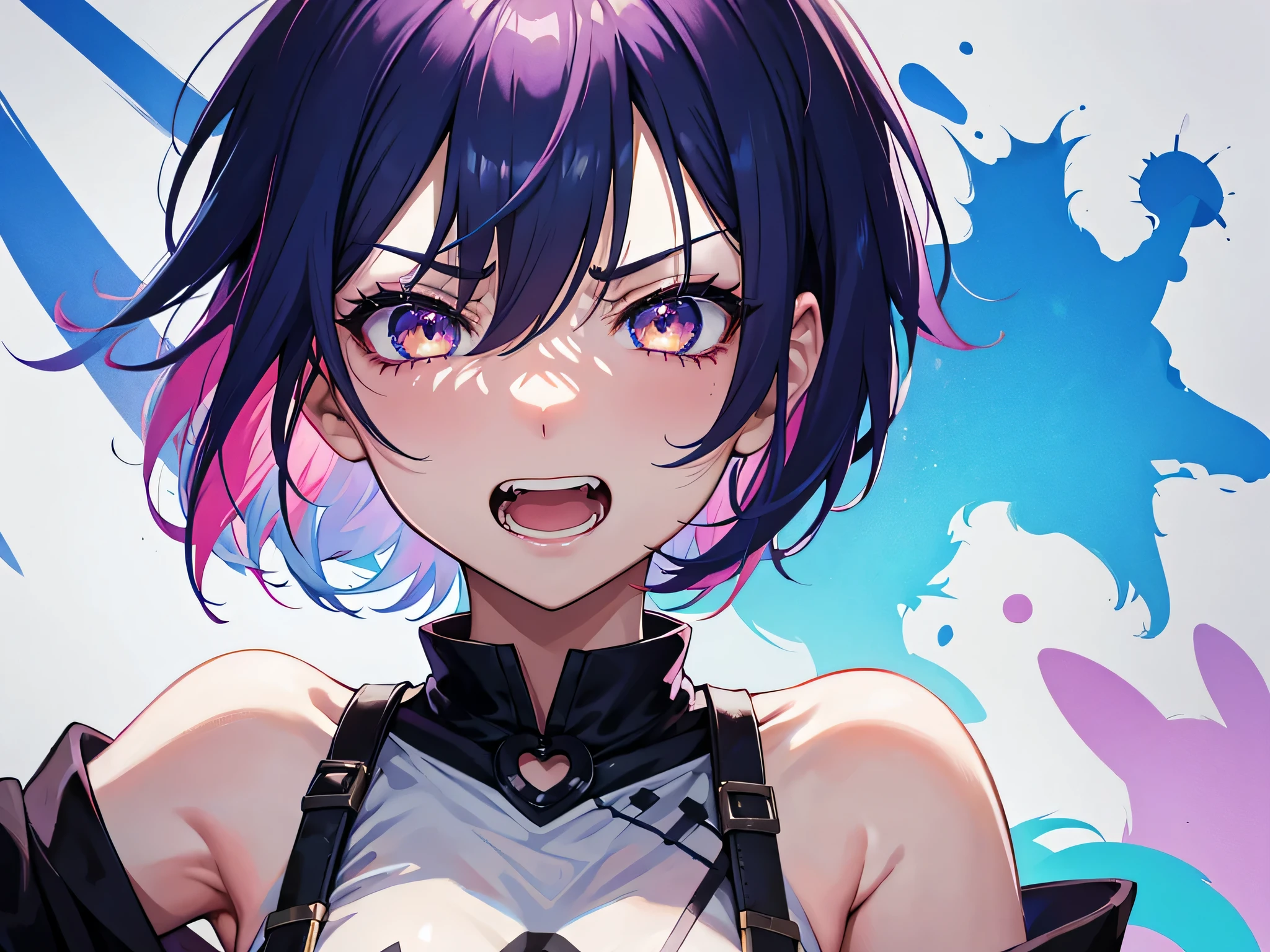 graffiti face, colorful eyes, open your mouth, yandere expression, smile, look at the audience, can&#39;I can&#39;I can&#39;t see my hands, pastel colour, thought, ask for help、short hair、bob hair、clear eyes、No expression、angry face、hair between eyes、sing、glaring、((Get angry))、((Up to the upper body))