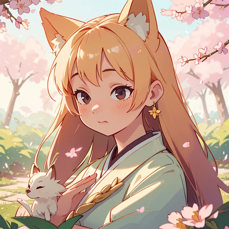 (best quality,4k,8k,highres,masterpiece:1.2),ultra-detailed,(realistic,photorealistic,photo-realistic:1.37),portraits,pastel colors,soft lighting,fantasy atmosphere,girl with fox ears and tail,peaceful garden setting,golden sunset,flowing cherry blossom trees,pagoda in the background,serene expression,traditional Japanese clothing,kawaii style,subtle makeup,divine aura,spiritual charm,gleaming fox mask,captivating gaze,delicate floral patterns,serene peacefulness,pure innocence,ethereal beauty,harmonious blend of nature and culture,gentle breeze rustling through the leaves,whisper of enchantment,symbol of tranquility]