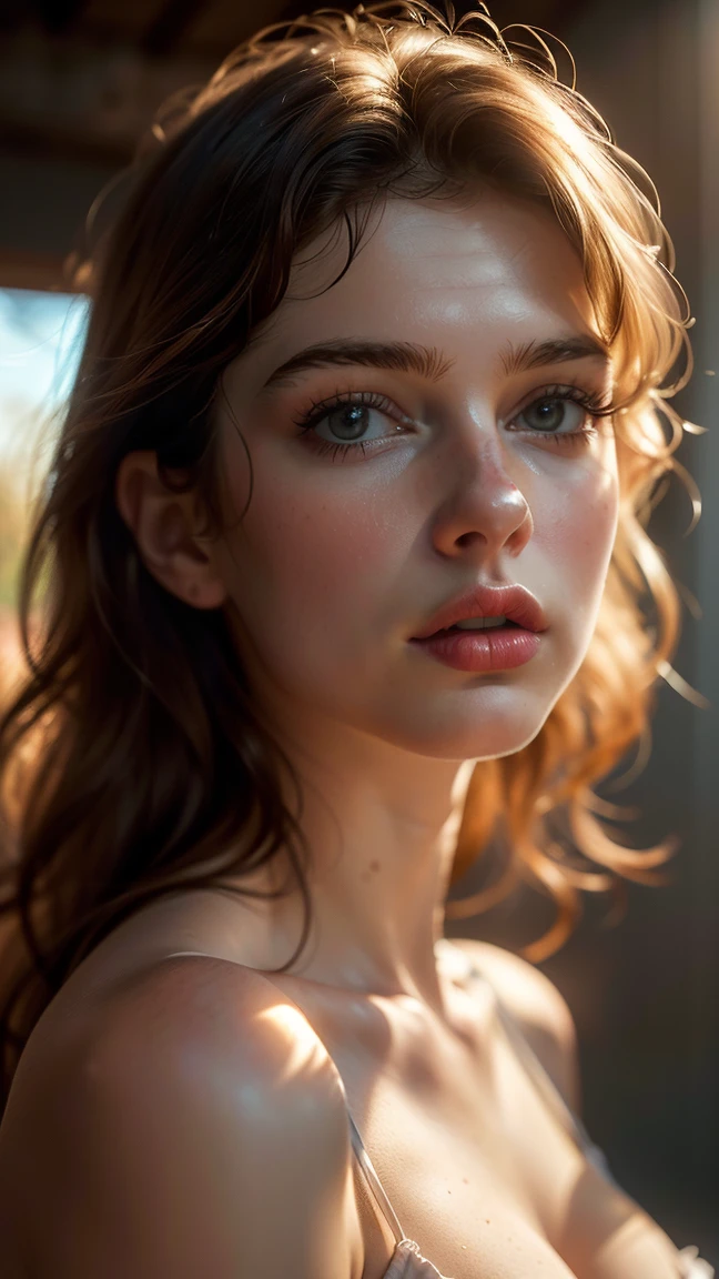 (((ultra realistic))) Photo, masterpiece, top quality, (pale skin), (Ultra detailed face and eyes:1.3), 1 girl, Adult, in a T-shirt, (Eye makeup, mascara) , ((large detailed lips)), ((ash wavy hair)), ((Chyolka)) , (Natural breasts), Slim waist. ((Posing)), photoshoot, studio (soft lighting), (The play of light and shadows), depth of field, bokeh, (special attention to skin detail: 1.2), Detailed leather texture, skin pores. (Airy atmosphere of the frame. Color range - delicate, Bright, white, Pink tones), UDR, ((Film grain)), ((rays)), ((glare of the sun)), ((waist up portrait, close to the camera)) , ultra detialed,
