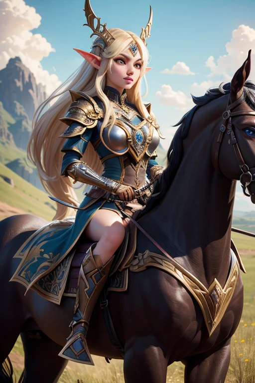 high details, best quality, 8k, [ultra detailed], masterpiece, best quality, (extremely detailed), full body, ultra wide shot, photorealistic, fantasy_world, fantasy art, dnd art, rpg art, realistic art, a wide angle, (((anatomically correct))) a wallpaler of an elf knight, elf warrior, princess knight, shinning knight, ready for battle with her mount (intense details, Masterpiece, best quality: 1.5), female elf (intense details, Masterpiece, best quality: 1.5), ultra detailed face, ultra feminine, fair skin, exquisite beauty, gold hair, long hair, wavy hair, small pointed ears, dynamic eyes color, wearing heavy mech armor, shinning metal, armed with elven sword fantasysword sword, standing near her mount, dynamic mount , green meadows, blue skies background and some clouds background depth of field (intricate details, Masterpiece, best quality: 1.5), full body (intricate details, Masterpiece, best quality: 1.5), high details, best quality, highres, ultra wide angle