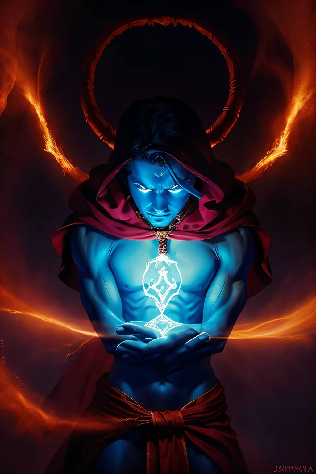 an image portraying the binding of the Jinn. huge genie susspended in mid air, Hero young boy man in robes and maroon cape whip tying th Jinn furiously, double exposure, 34k resolution, A supernatural creature who does one's bidding when summoned, A jinni, jinnee
