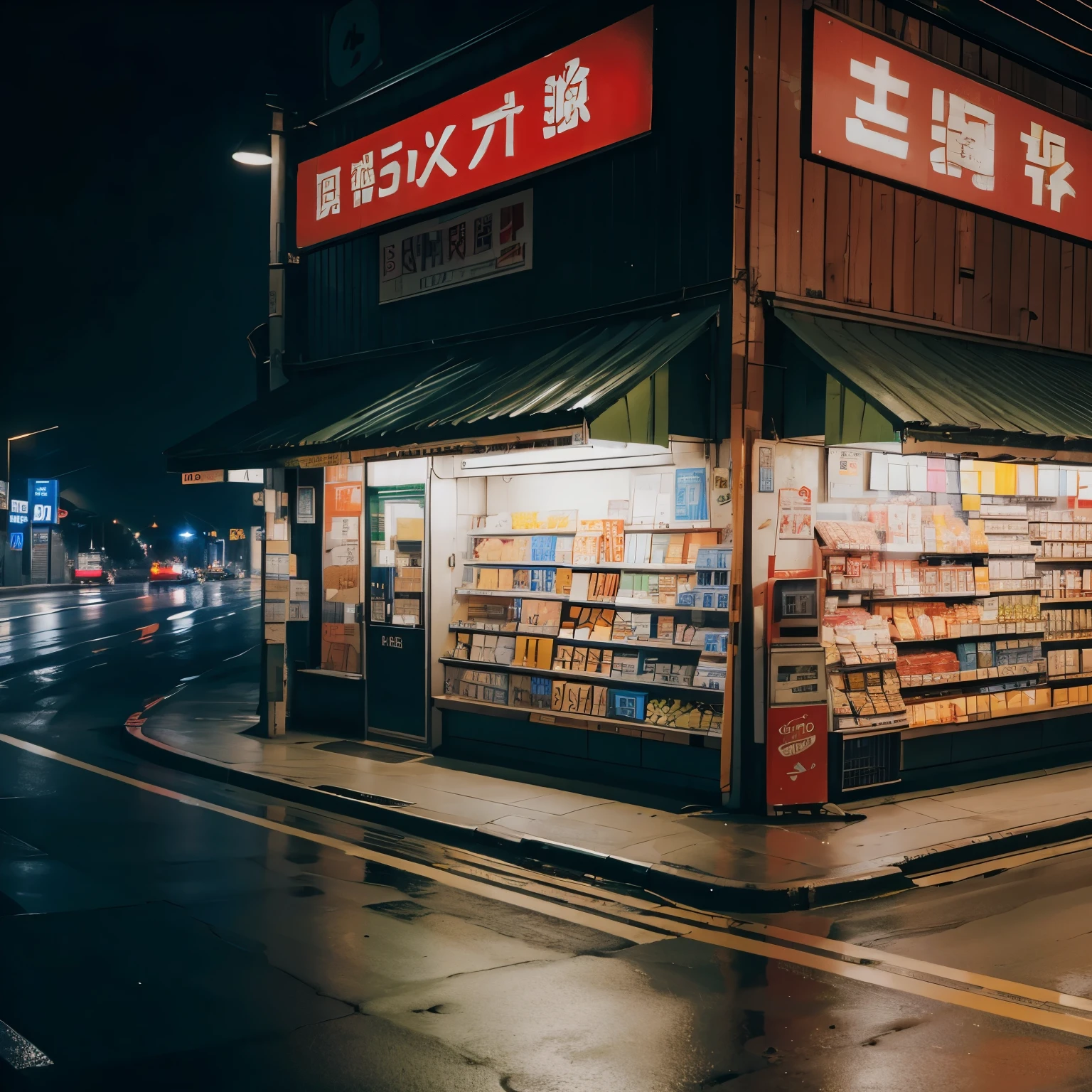 Best quality, masterpiece, RAW photo, high resolution, ultra HD,Late at night, convenience store, roadside, dark environment，(no human)