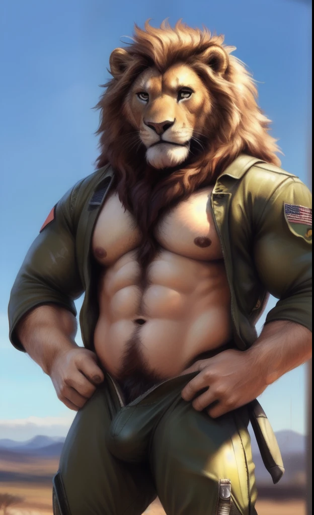 Lion, (((military pilot outfit))), open shirt, showing chest, male, solo, adult, abs, ((mane)), pecs, big pecs, nipples, older, strong muscles, big mane, long mane, detailed face, beautiful eyes, muscular chest, muscular, seductive face, bodybuilder body, beefy, hangar background, looking at viewer, black pants, bulge, body hair, hairy chest, by bruteandbrawn, by personalami, by kenket, (intricate, high detail, film photography, soft focus, RAW candid cinema, photorealism, realistic, photorealistic, analog style, subsurface scattering, masterpiece, best quality, ultra realistic, 8k)