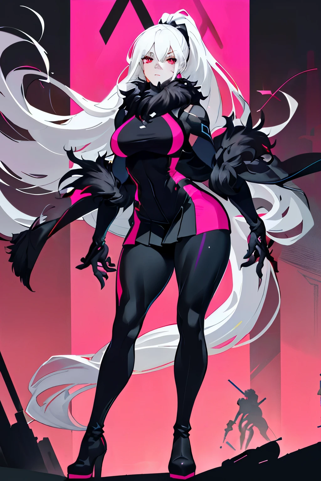 (art, best quality, ultra-detailed, high contrast)
1 woman (Alone, full body, plus size body, standing on the edge of a towering skyscraper, silver hair flowing in the wind, cascading down her back in a long ponytail, broken ruby red eyes filled with sadness, leggings hugging her curves, pleated skirt flowing gently around her, sports top revealing her toned arms, high boots adding an edgy touch, long fur jacket keeping her warm, black cybernetics with neon pink accents merging seamlessly with her body, detailed face with expressive features, black transparent tights adding an ethereal touch, skyscraper