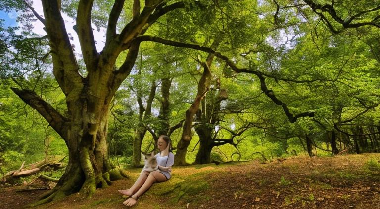 A girl sitting in the forest with her cat 