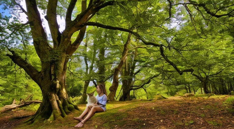 A girl sitting in the forest with her cat