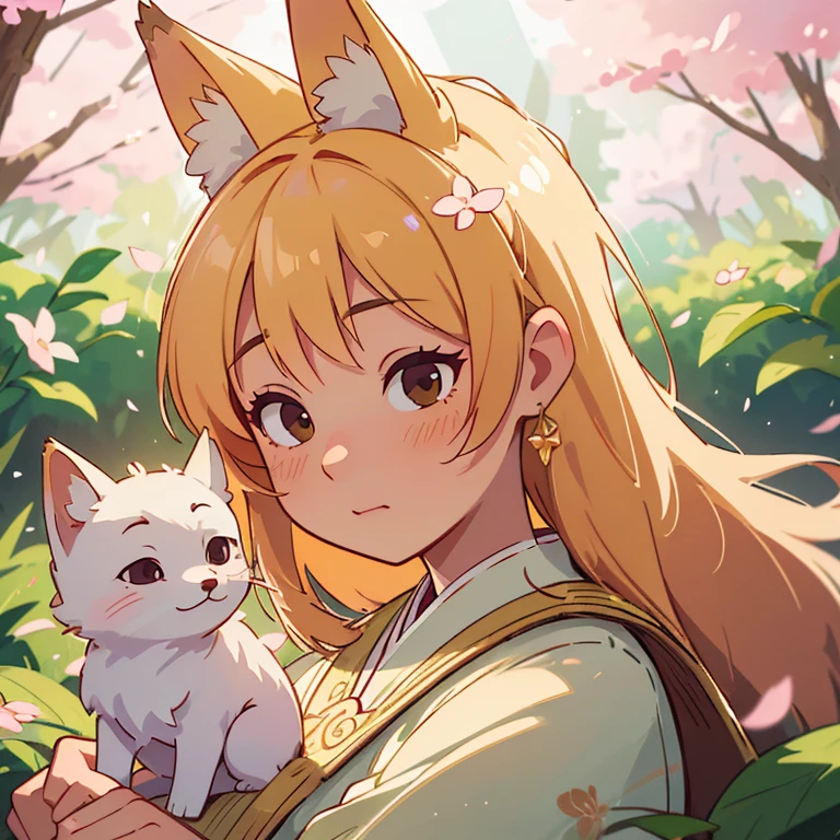 (best quality,4k,8k,highres,masterpiece:1.2),ultra-detailed,(realistic,photorealistic,photo-realistic:1.37),portraits,pastel colors,soft lighting,fantasy atmosphere,girl with fox ears and tail,peaceful garden setting,golden sunset,flowing cherry blossom trees,pagoda in the background,serene expression,traditional Japanese clothing,kawaii style,subtle makeup,divine aura,spiritual charm,gleaming fox mask,captivating gaze,delicate floral patterns,serene peacefulness,pure innocence,ethereal beauty,harmonious blend of nature and culture,gentle breeze rustling through the leaves,whisper of enchantment,symbol of tranquility]