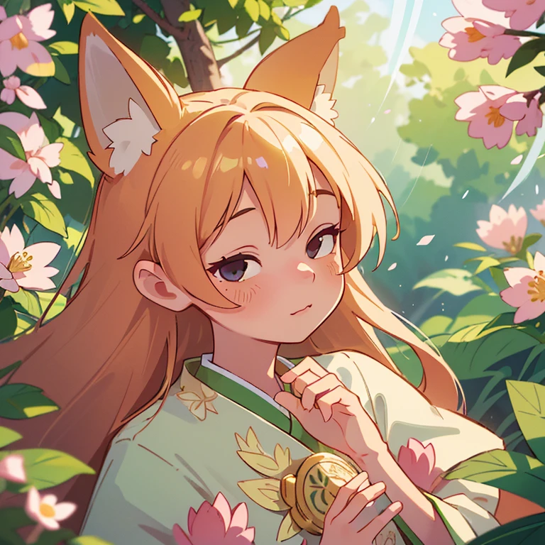 (best quality,4k,8k,highres,masterpiece:1.2),ultra-detailed,(realistic,photorealistic,photo-realistic:1.37),portraits,pastel colors,soft lighting,fantasy atmosphere,girl with fox ears and tail,peaceful garden setting,golden sunset,flowing cherry blossom trees,pagoda in the background,serene expression,traditional Japanese clothing,kawaii style,subtle makeup,divine aura,spiritual charm,gleaming fox mask,captivating gaze,delicate floral patterns,serene peacefulness,pure innocence,ethereal beauty,harmonious blend of nature and culture,gentle breeze rustling through the leaves,whisper of enchantment,symbol of tranquility]