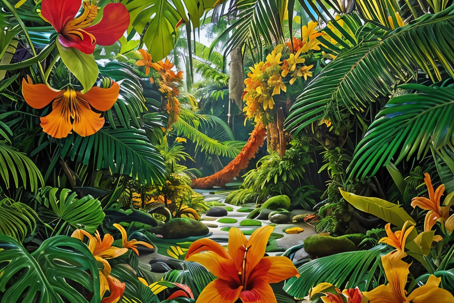 In the heart of a tropical paradise, a vibrant jungle scene teems with life. Luxuriant foliage in shades of emerald green and sun-kissed yellows and oranges overflow with exotic flowers and twisting vines. A vivid and captivating painting captures this lush landscape, showcasing the intricate details of the flora and fauna in stunning clarity. Every leaf and bloom seems to dance with vibrant energy, creating an immersive and awe-inspiring visual experience.