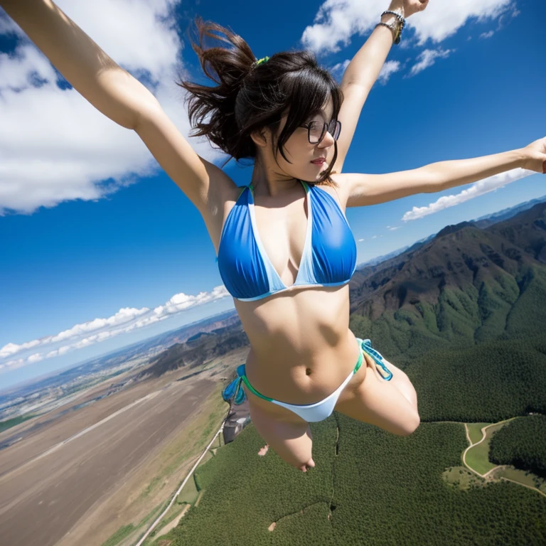 Skydiving at an altitude of 4000 meters、Clear blue sky and clouds all around、She is a beautiful Japanese woman with medium-long bob hair.、It is very cute, Enjoying with arms and legs spread.、sensual style、She is wearing a very sexy micro bikini swimsuit..、she is looking at the camera、The camera follows her from above.、Not wearing glasses!