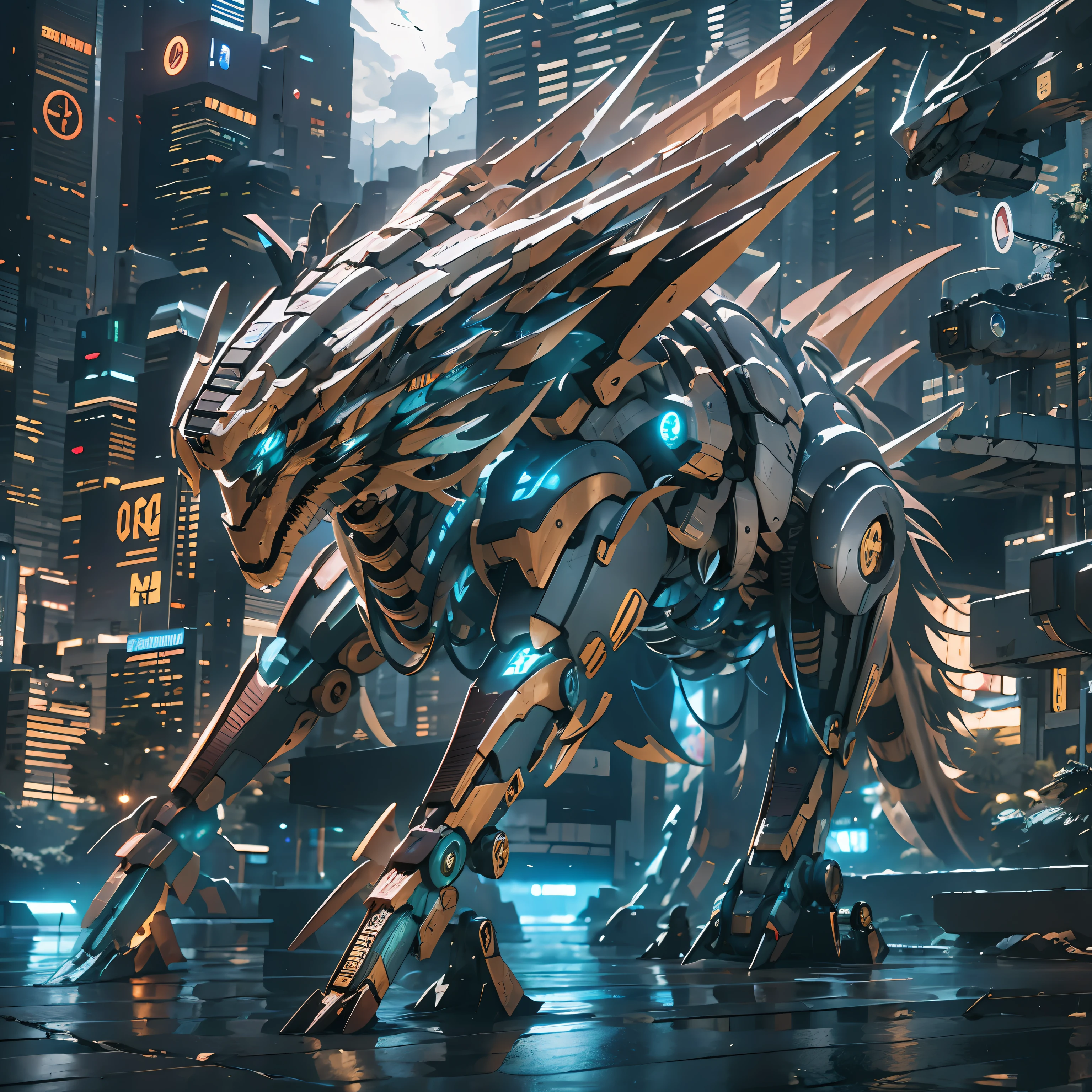 A mecha dragon，Em frente ao pano de fundo da tecnologia futura，Dominador，（（obra-prima，melhor qualidade）），illustration，8K ultra-detalhado，foco claro，Um altamente detalhado，professional lighting，Colorido Detalhado，