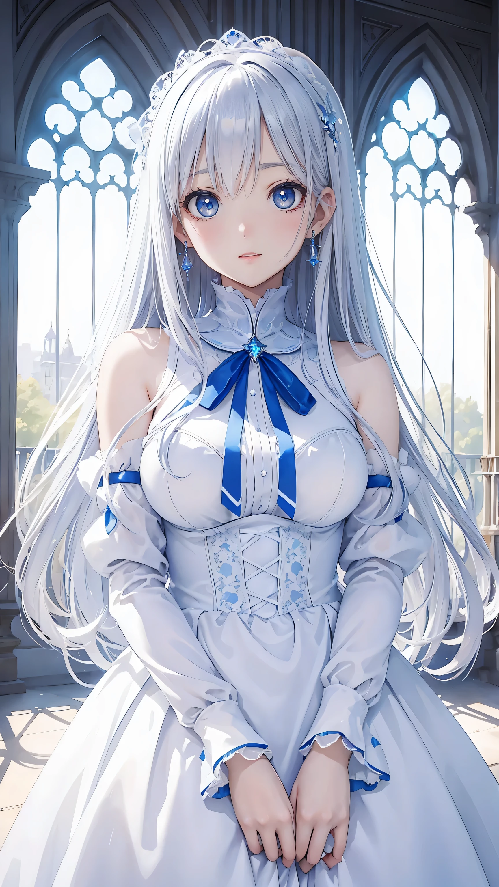 (masterpiece:1.2), (highest quality:1.2),, Curvy but slender body, perfect eyes, perfect face, perfect lighting, 1 girl, Inside the Royal Palace,take a walk,gorgeous white dress, curly hair,sculpture installation,fine clothes, Detailed snow country background, compensate, eye shadow, thick eyelashes, fantasy, looking at the viewer, whole body,alice in wonderland、blue sky、Bright and beautiful face、young shiny glossy white shiny skin、the best beauty、The most beautiful bright silver hair in the world、thin hair、super long straight hair、Shining beautiful bangs、Shining crystal clear big blue eyes、Very beautiful, the most beautiful girl in the world、ample breasts