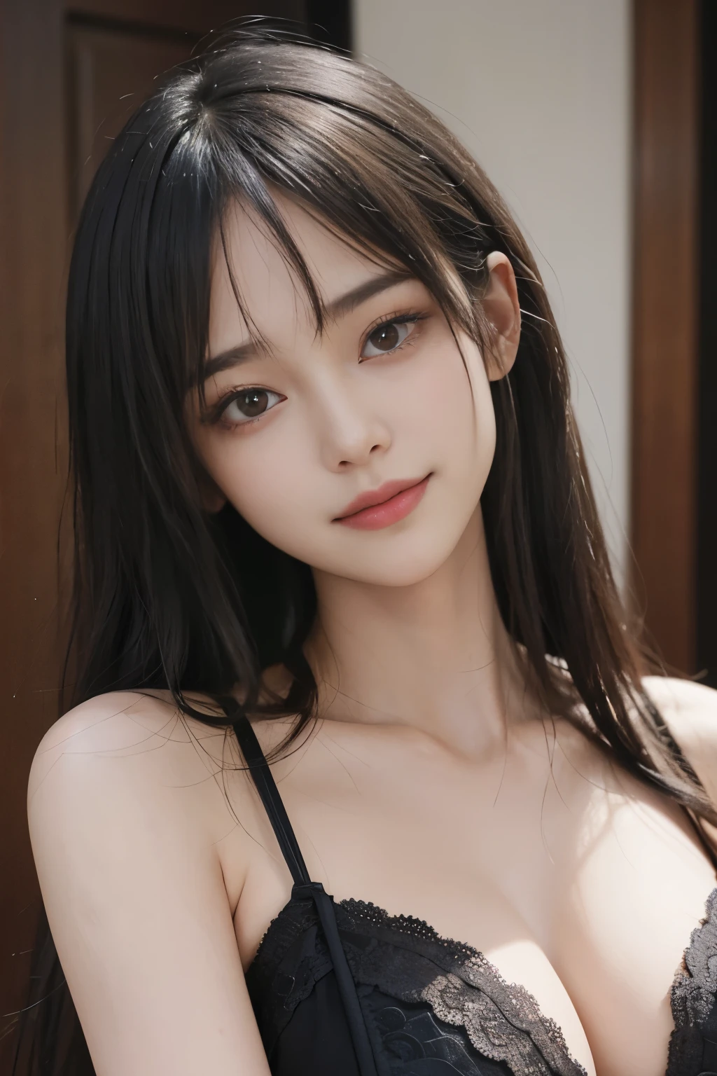 best quality、tmasterpiece、ultra high resolution、actual、1 girl、Glossy skin、((Surreal detailed))、Global photo、8K、Highly complex details、shinning eyes、Black straight hair、highkey、pureerosfaceace_v1、A smile、Elegant pose、plump breasts、Dark ultra-thin transparent lace、Lots of flowers in the background