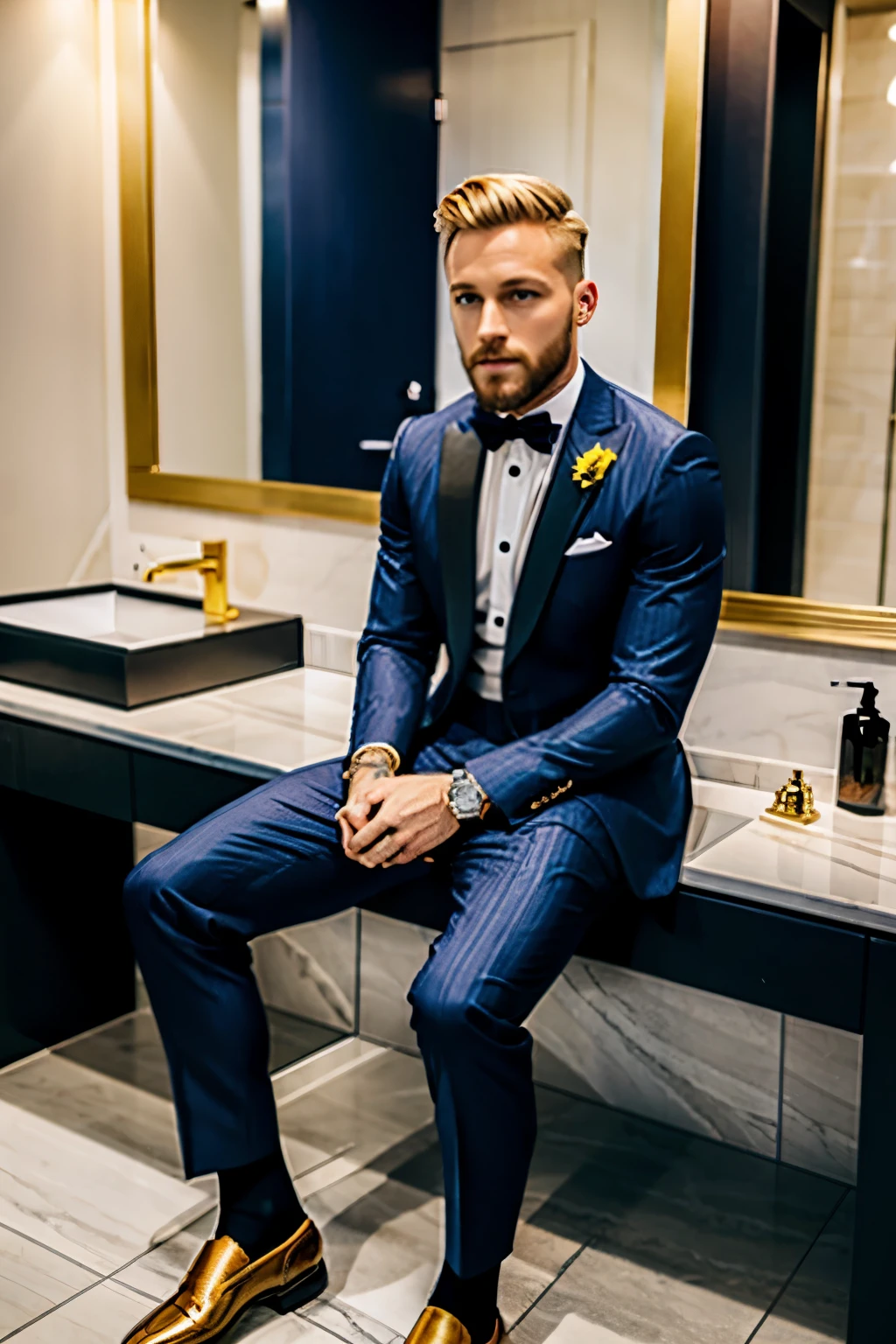 one well groomed blond undercut haired dapper male singer Matt Pokora in navy blue striped suit, short suit pants and luxury long solid pink socks, luxury loafers off, golden and diamond rings, necklaces, bracelets, watch, just in socks with no shoes, disproportionately massive very big siliconed lips, deeply sniffing a small yellow and red vial, looking in the mirror in gentlemen restroom