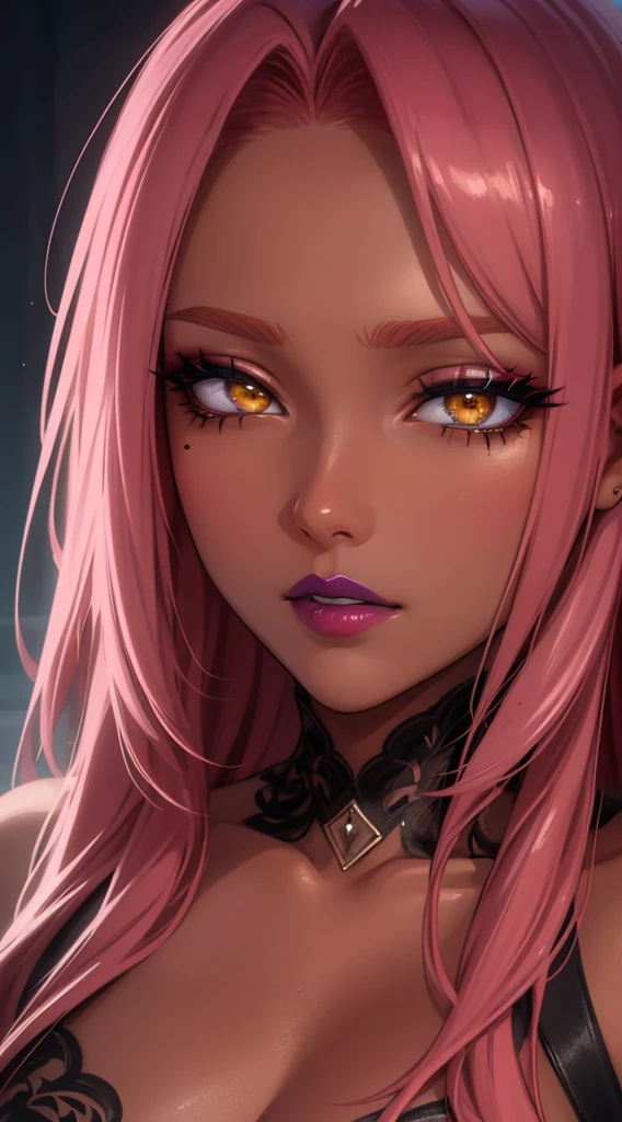 (masterpiece, highres, high quality:1.2), intricate details, cinematic lighting, sharp focus, depth of field, Ingrid, 1girl, mature female, (dark-skinned female:1.1), dark skin, standing pose, seductive expression, ((closeup shot)), looking at viewer, bedroom, caring, seductive, kind, [pink|red] hair, very long hair, hair intakes, makeup, lipstick, (mole under mouth:0.8), eyelashes, yellow eyes, ultra detailed eyes, ultra detailed face, ultra detailed lips, ultra detailed lipstick, ultra detailed makeup helloutfit, (turtleneck:1.1), cleavage 