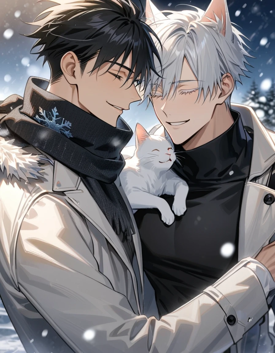 Ultra detailed, Highres, absurdres, HDR, Gojou Satoru with white cat ears, white hair, white eyelashes, black scarf, white long coat, black tight shirt, Jujutsu Kaisen, Yuya, black hair, handsome, snowflakes, snowing, ice, 2 men together, gay couple, closed eyes, smiling, holding a white cat,