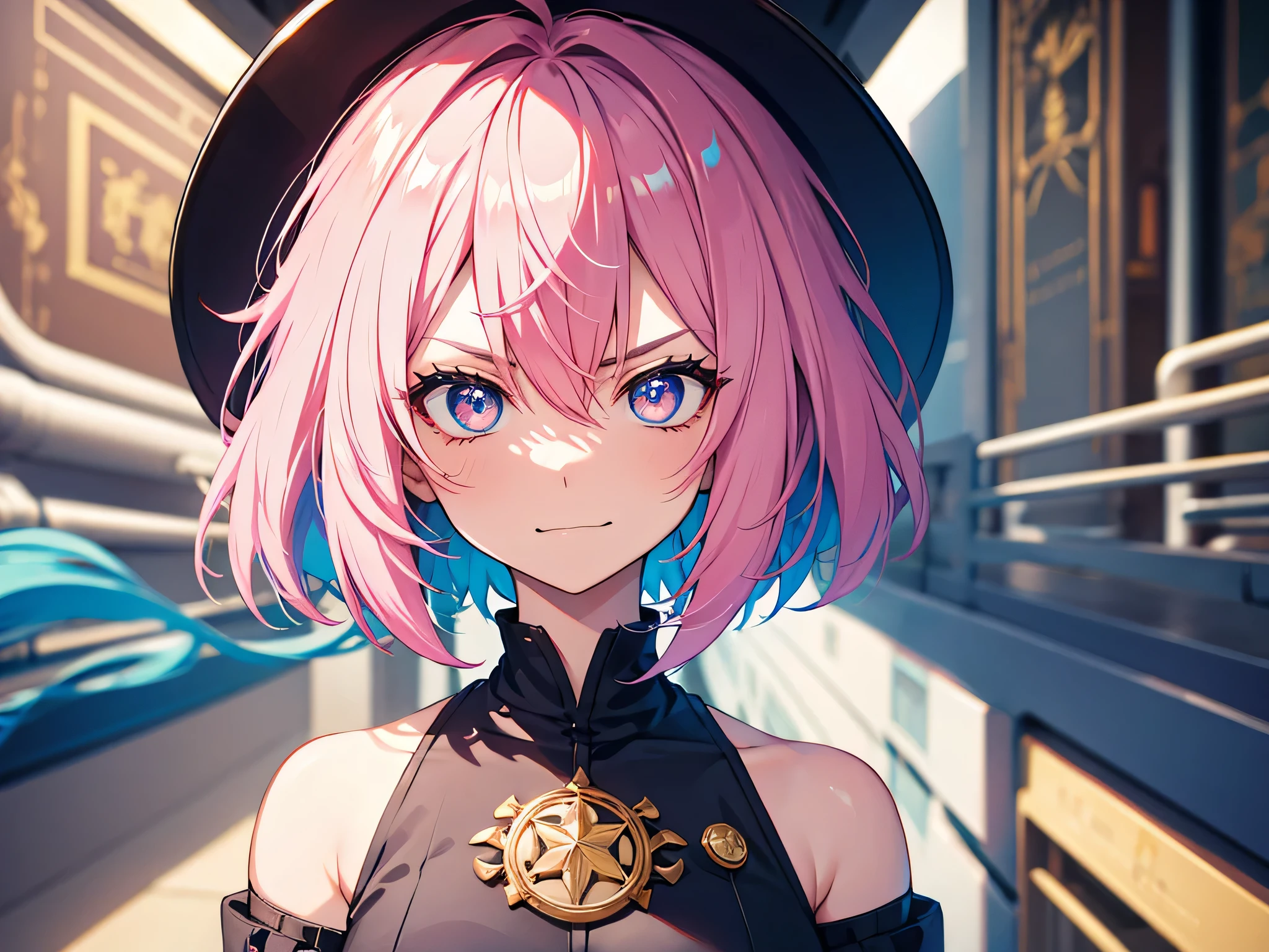 graffiti face, colorful eyes, open your mouth, yandere expression, smile, look at the audience, can'I can'I can't see my hands, pastel colour, thought, ask for help、short hair、bob hair、clear eyes、No expression、angry face、hair between eyes、sing、glaring、((Get angry))、((Up to the upper body)),pink hair