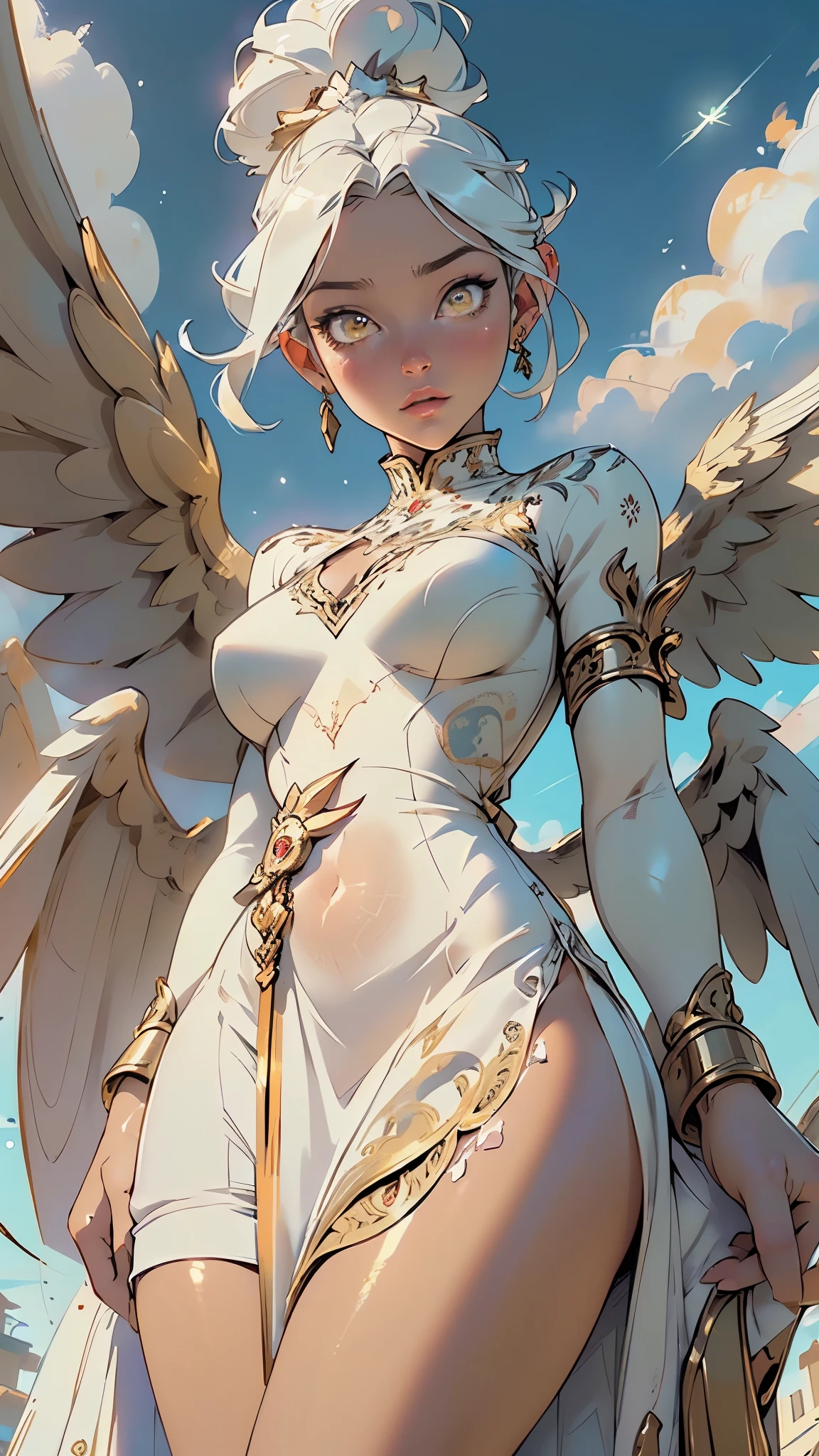 girl,1girl,(large breasts:1.2),((((creamy Marble hair:1.35,creamy Marble hair up)))),((golden_eyes:1.5)),glowing eyes,intricate eyes,beautiful detailed eyes,symmetrical eyes,((fat)),(((lustrous skin:1.5,bright skin: 1.5,skin tanned,shiny skin,very shiny skin,shiny body,plastic glitter skin,exaggerated shiny skin,illuminated skin))),(spider lower abdomen,narrow waist,wide hip,athletic body,inflated legs,thick thighs,detailed body,(detailed face)),

cute,slutty,seductive,erotic,(nsfw),

zettai ryouiki,(((Holy GUARDIAN ANGEL,white and large wings,feathers, has feather wings))) ,((((creamy Marble Antique dress))))

(dynamic pose:1.0),serius,(centered,scale to fit dimensions,Rule of thirds),

((floating in the clouds, sky and clouds background)),scenery:1.25,((intricate scenery)),

(Glossy holy ornaments),highres,sharp focus,(ultra detailed,extremely detailed),(photorealistic artwork:1.37),(extremely detailed CG unity 8k wallpaper),(((vibrant colors,vibrant theme))),(intricate),(masterpiece),(best quality),artistic photography,(photography taken by sldr),(intricate background),perfect rendered face,perfect face details,realistic face,photo realistic,((intricate detail)),(((realism))),
