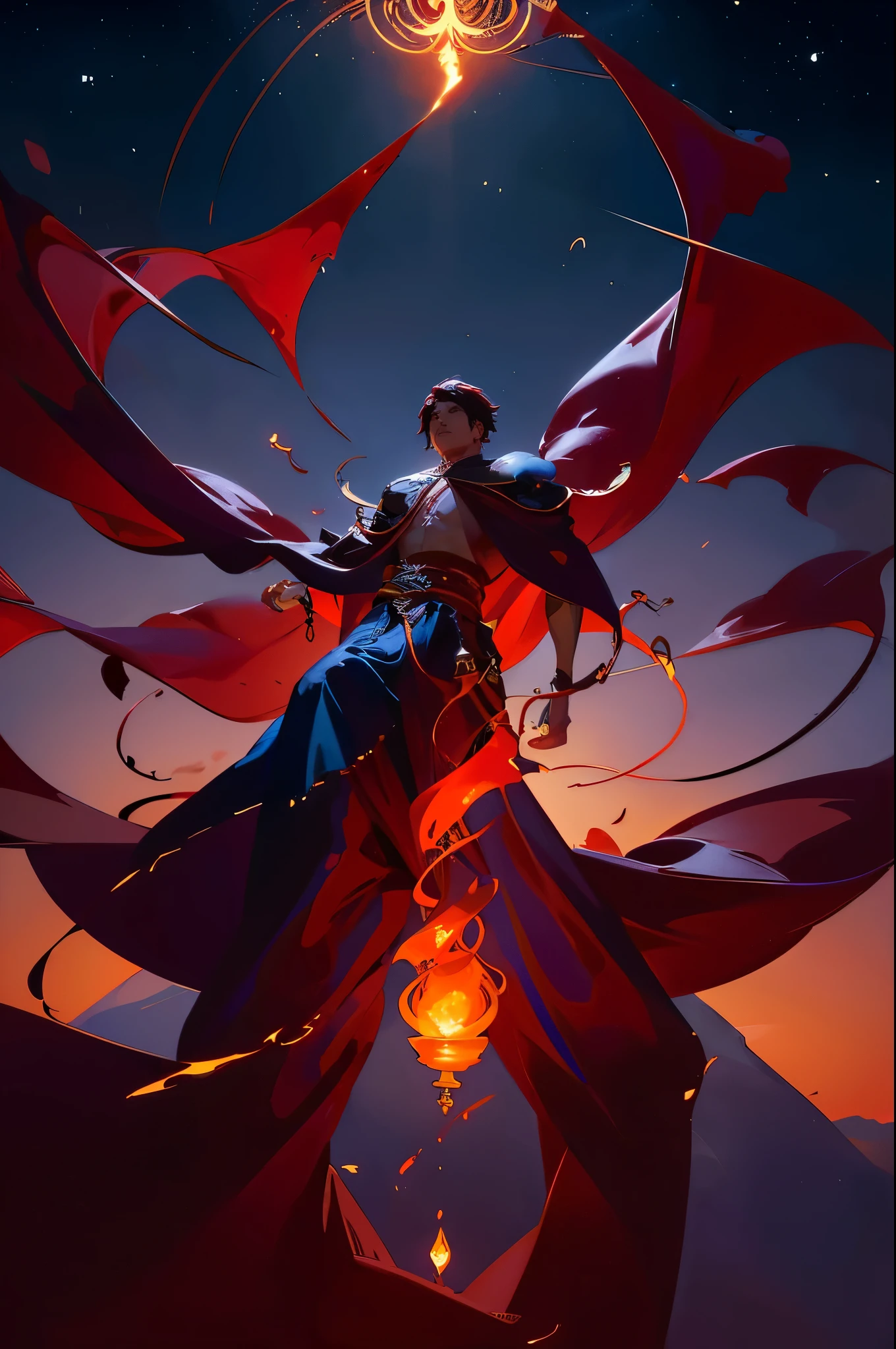 an image portraying the binding of the Jinn. huge genie susspended in mid air, Hero young boy man in robes and maroon cape whip tying th Jinn furiously, double exposure, 34k resolution, A supernatural creature who does one's bidding when summoned, A jinni, jinnee