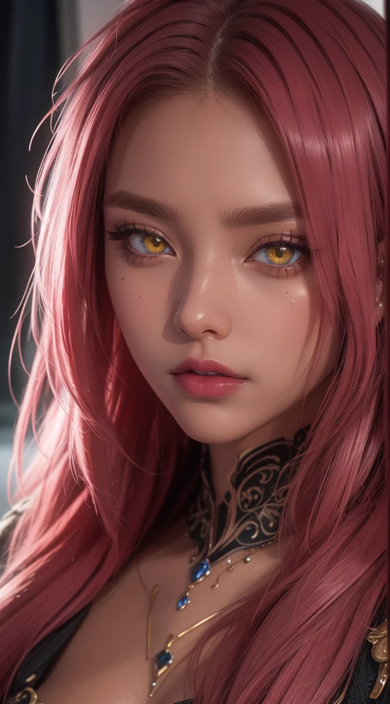 (masterpiece, highres, high quality:1.2), intricate details, cinematic lighting, sharp focus, depth of field, Ingrid, 1girl, mature female, (dark-skinned female:1.1), dark skin, standing pose, seductive expression, ((closeup shot, closeup to face:1.2)), looking at viewer, bedroom, caring, seductive, kind, [pink|red] hair, very long hair, hair intakes, makeup, lipstick, (mole under mouth:0.8), eyelashes, yellow eyes, ultra detailed eyes, ultra detailed face, ultra detailed lips, ultra detailed lipstick, ultra detailed makeup helloutfit,