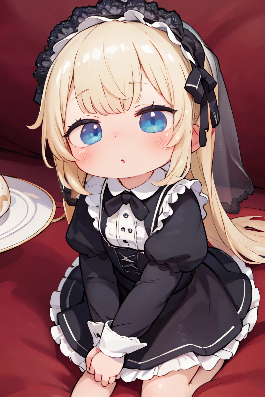 best quality, super fine, 16k, RAW photo, photorealistic, incredibly absurdres, extremely detailed, delicate, flashy and dynamic depiction, very cute black maid, black maid uniform, veil, bonnet, long skirt, lace, embroidery, frills, blonde hair tied up, Gothic, Romanesque, Baroque, Renaissance, Rococo, Art Nouveau, shining big round blue eyes, superlative body proportion, background fairytale fantasy, flower bed in the mansion