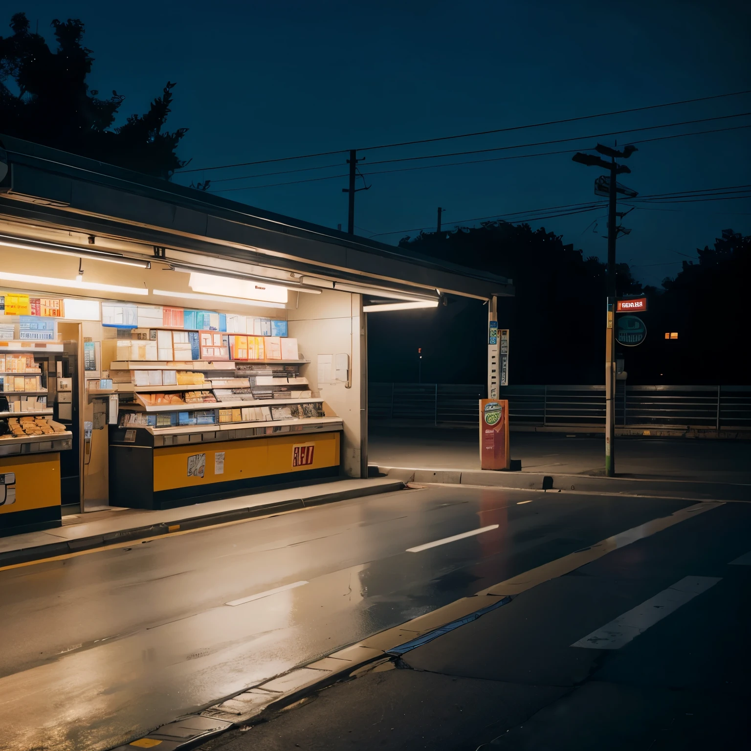 Best quality, masterpiece, RAW photo, high resolution, ultra HD,Late at night, convenience store, roadside, dark environment，(no human)