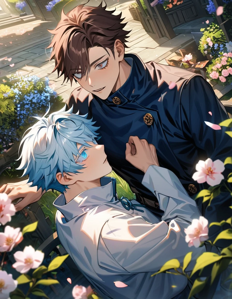 absurdres, highres, ultra detailed, HDR, master piece, best quality, Gojo Satoru, white hair with bangs, white eyelashes, expressive blue eyes, Jujutsu Kaisen, Chongyun, brown hair, expressive blue eyes, Genshin Impact, 2men together, gay couple, handsome, petals, garden, blossoms