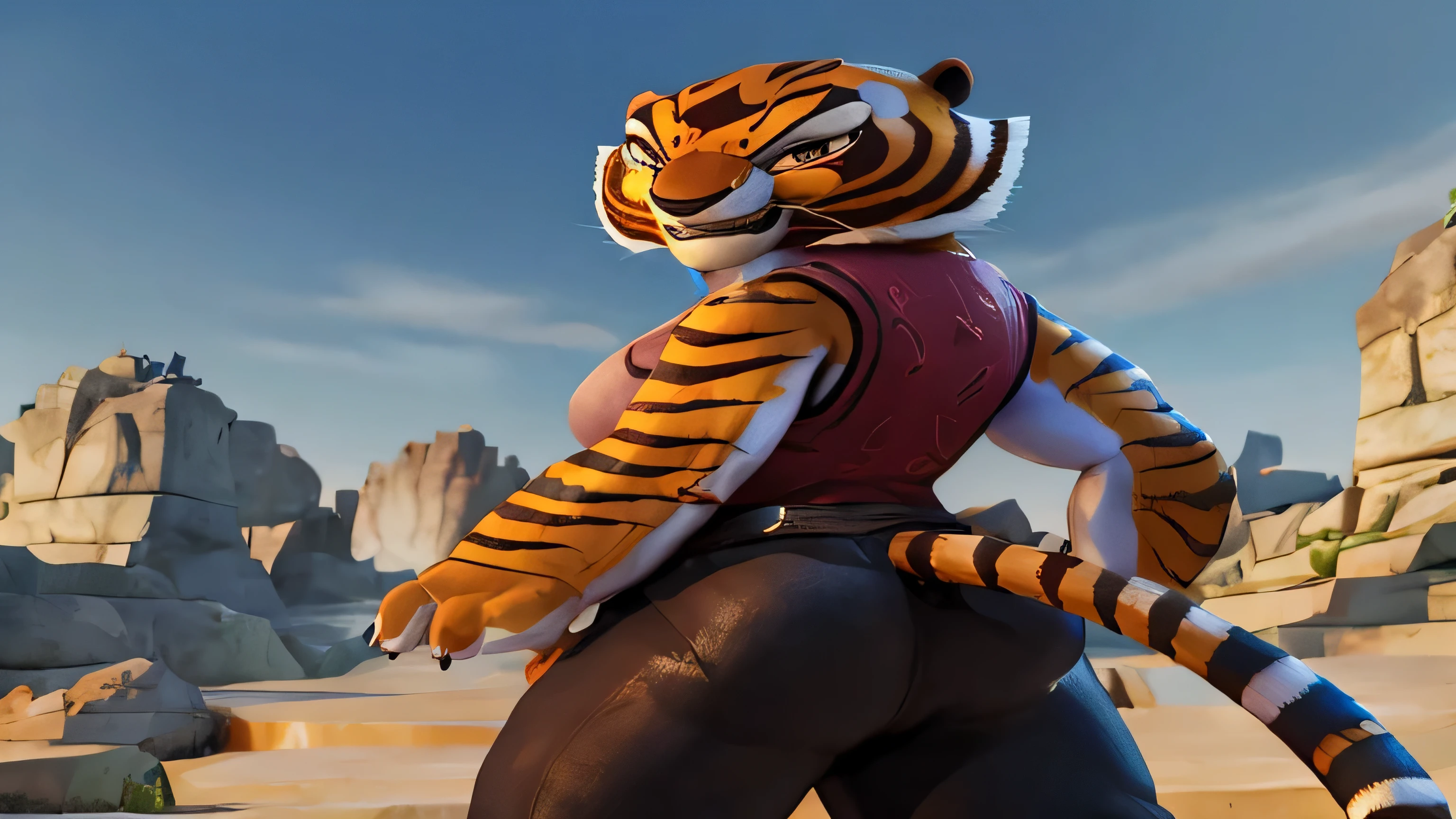 Sozinho, female, , Mestre Tigresa, colete vermelho, black pants, bunda em forma, cauda de tigre, vista traseira, (nervoso), Sorriso, standing, fundo do castelo, corpo todo, alta qualidade, 8k, 3d, estilo dreamworks