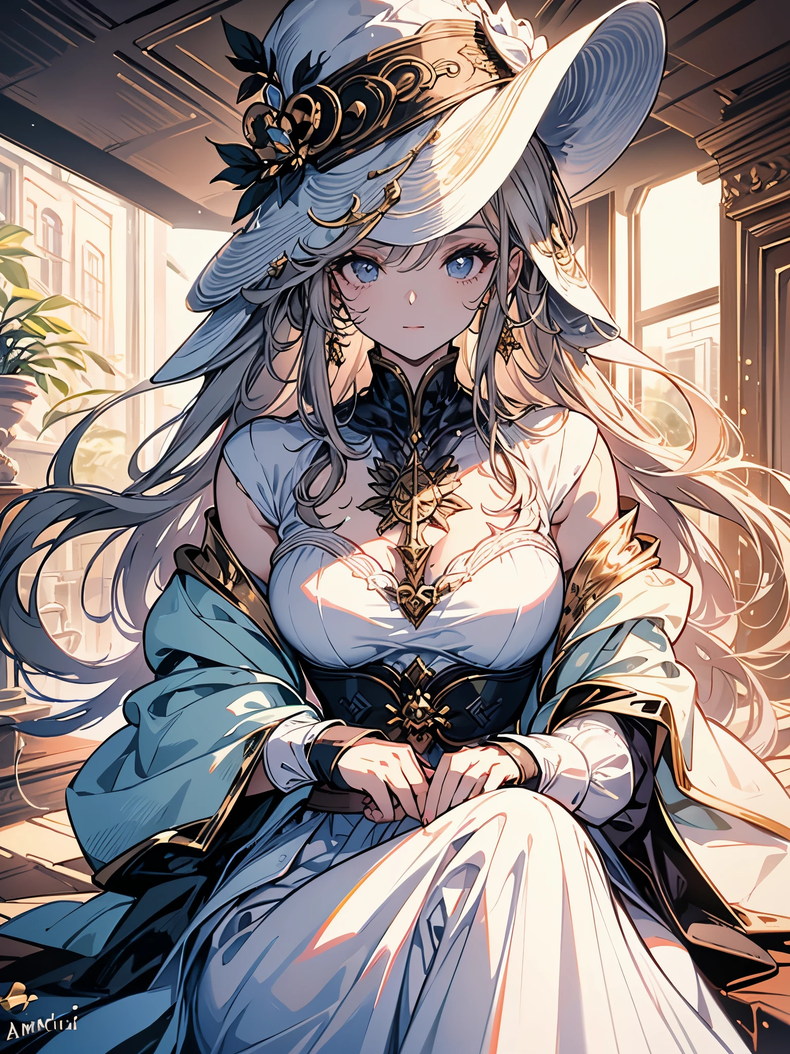1 garota, mulher madura, obra de arte, amante, Deusa,white witch hat,sentado