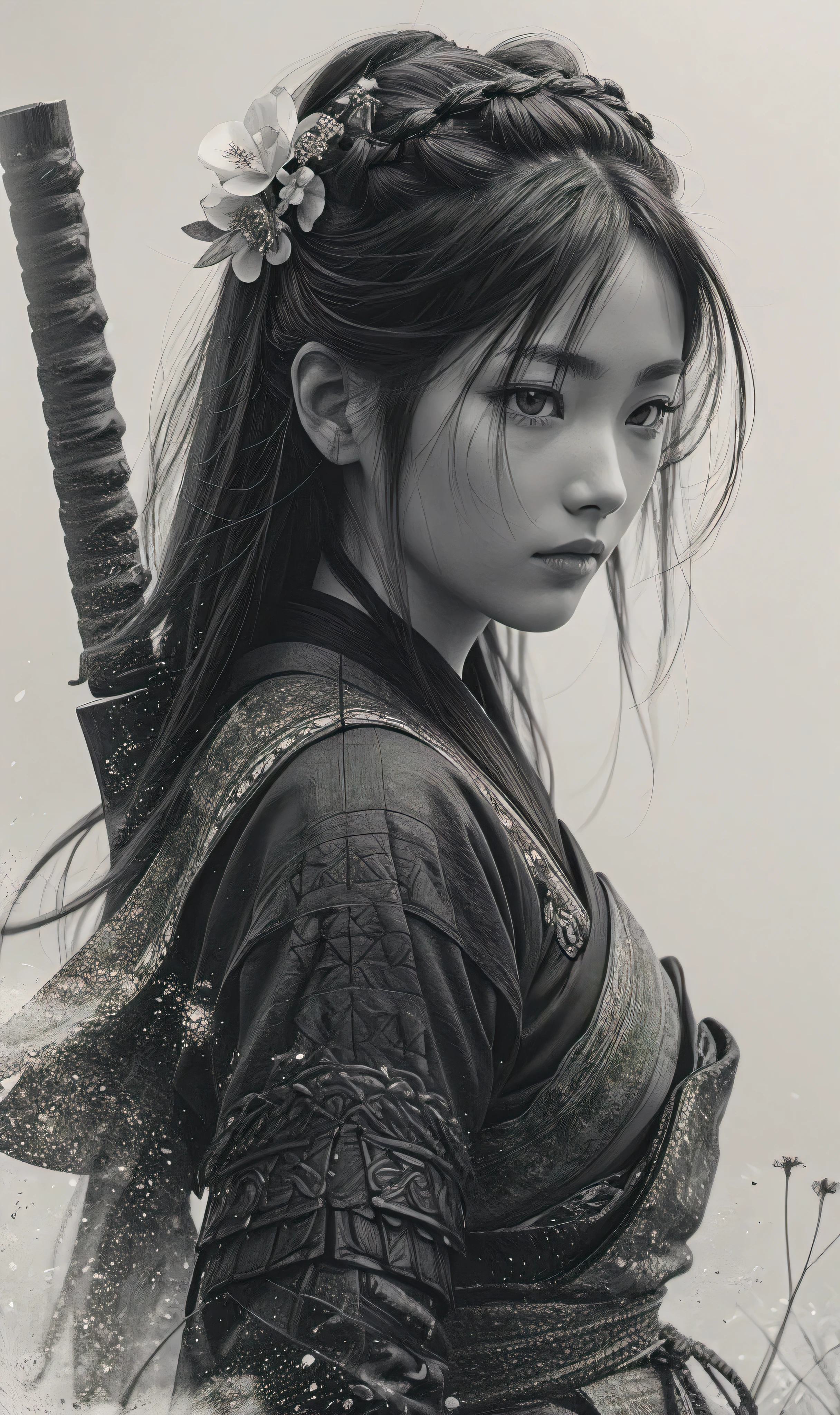 samurai girl, in the style of black and white realism, atmospheric impressionism, darkly romantic realism, pre-raphaelite realism, grainy, black and white photos, soft-focused realism