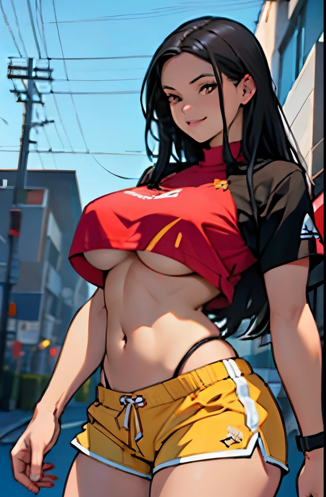 (best quality, masterpiece:1.2), Sketch full view of a hot looking fair skin 29 year old woman standing in front of us. She has brown eyes and long straight black hair. She has big breasts, playful smile. She has a nice curvy physique. She is wearing a crop top and lowrider shorts. Underboob showing. Apartment background. Shading. Lighting. Dynamic pose.